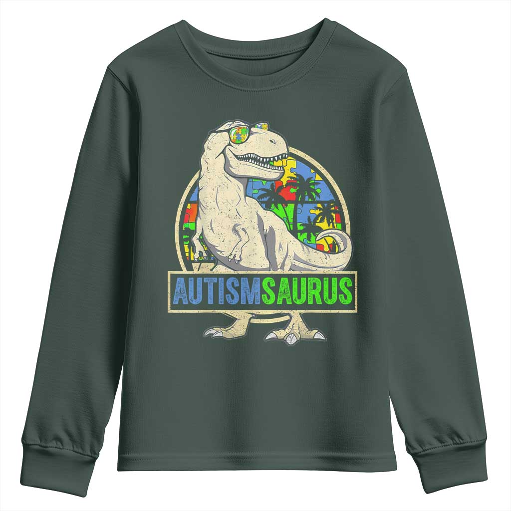 Funny Autism Awareness Dinosaur Youth Sweatshirt Autismsaurus Puzzle Pieces TS11 Dark Forest Green Print Your Wear