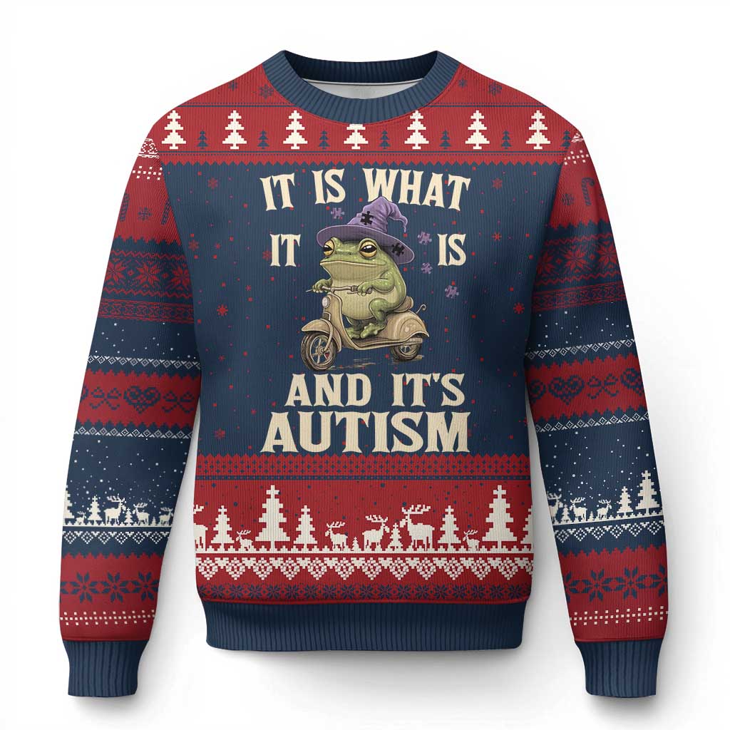 Funny It Is What It Is And It's Autism Ugly Christmas Sweater Meme Autism Awareness Frog TS11 Navy Red Print Your Wear