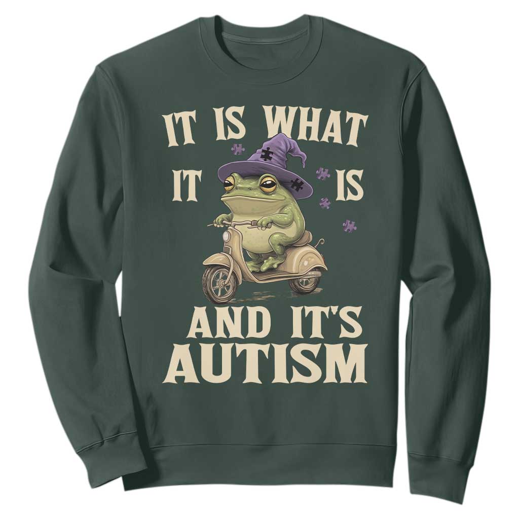 Funny It Is What It Is And It's Autism Sweatshirt Meme Autism Awareness Frog TS11 Dark Forest Green Print Your Wear