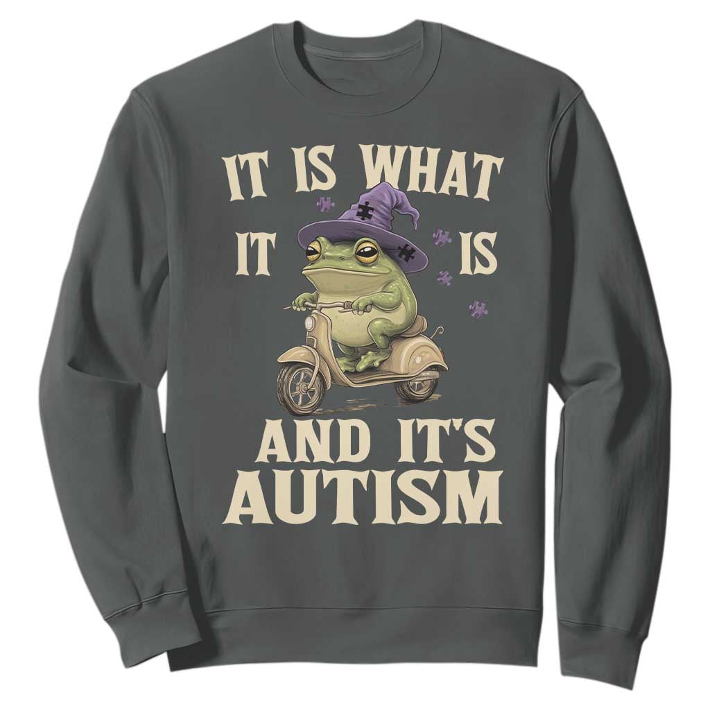 Funny It Is What It Is And It's Autism Sweatshirt Meme Autism Awareness Frog TS11 Dark Heather Print Your Wear