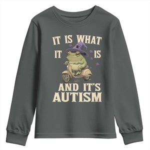 Funny It Is What It Is And It's Autism Youth Sweatshirt Meme Autism Awareness Frog TS11 Dark Heather Print Your Wear