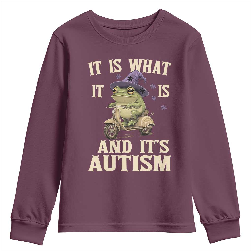 Funny It Is What It Is And It's Autism Youth Sweatshirt Meme Autism Awareness Frog TS11 Maroon Print Your Wear