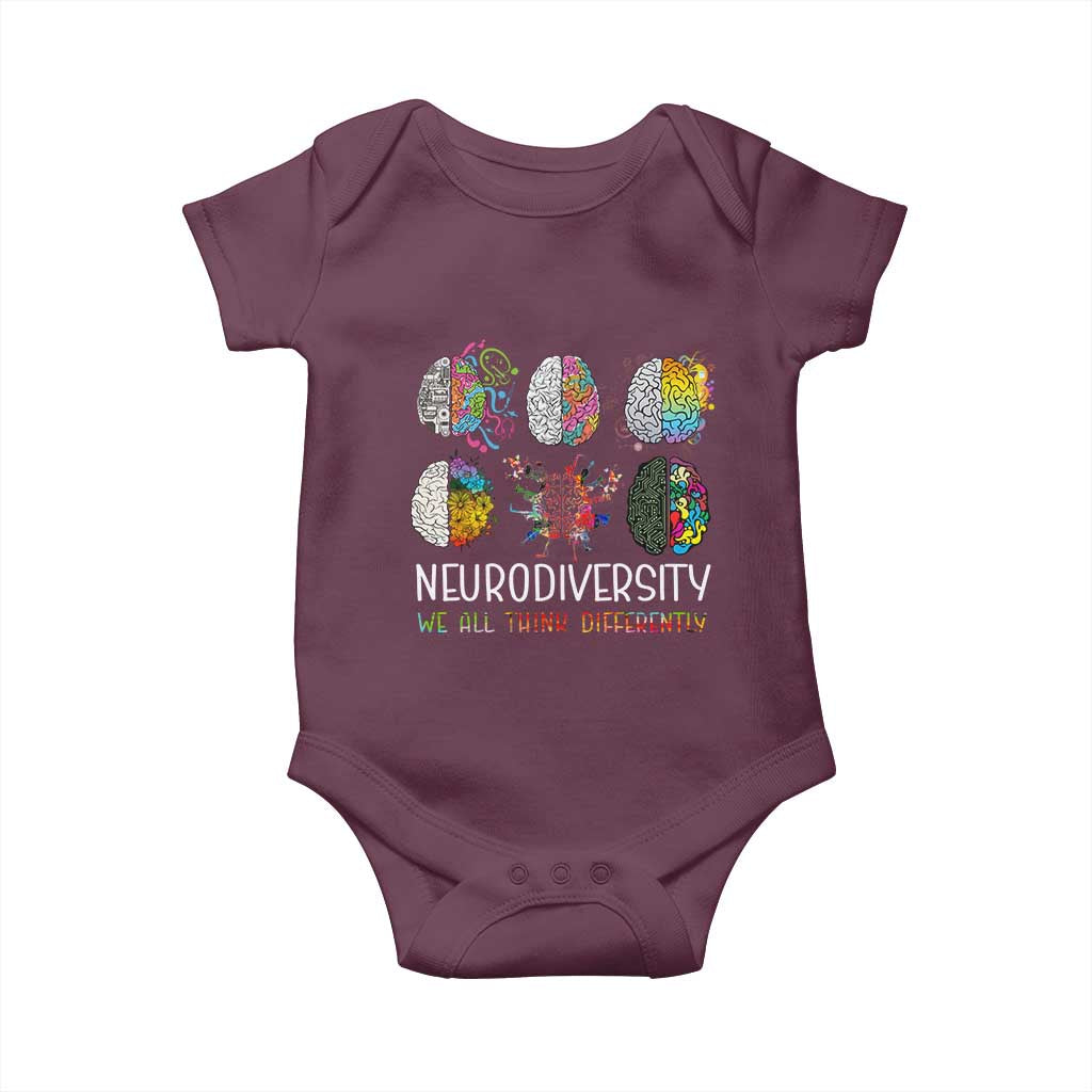 Neurodiversity We All Think Differently Baby Onesie Brain Autism Awareness ASD ADHD TS11 Maroon Print Your Wear