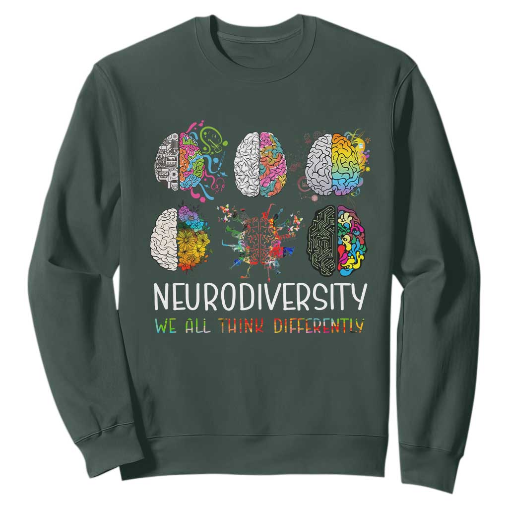 Neurodiversity We All Think Differently Sweatshirt Brain Autism Awareness ASD ADHD TS11 Dark Forest Green Print Your Wear