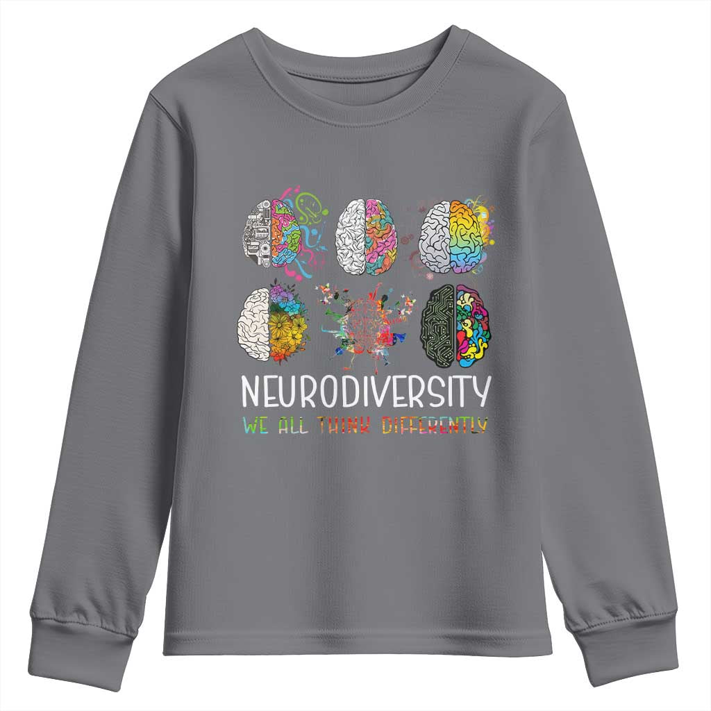 Neurodiversity We All Think Differently Youth Sweatshirt Brain Autism Awareness ASD ADHD TS11 Charcoal Print Your Wear