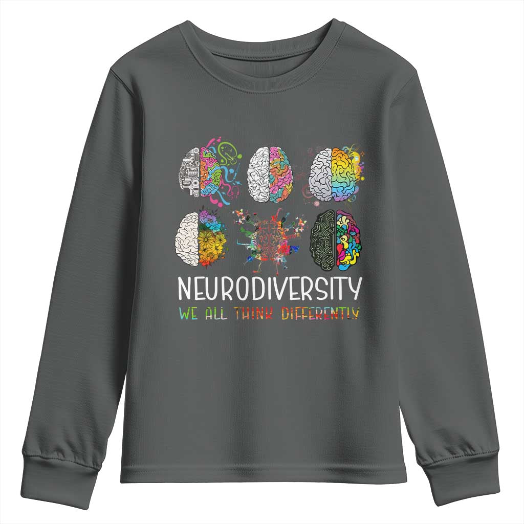 Neurodiversity We All Think Differently Youth Sweatshirt Brain Autism Awareness ASD ADHD TS11 Dark Heather Print Your Wear