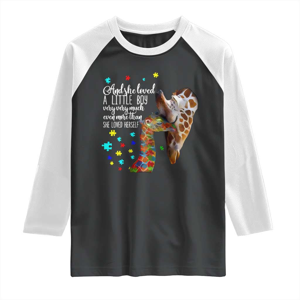 And She Loved A Little Boy Very Much Even More Than She Loved Herself Raglan Shirt Autism Awareness Giraffes TS11 Black White Print Your Wear