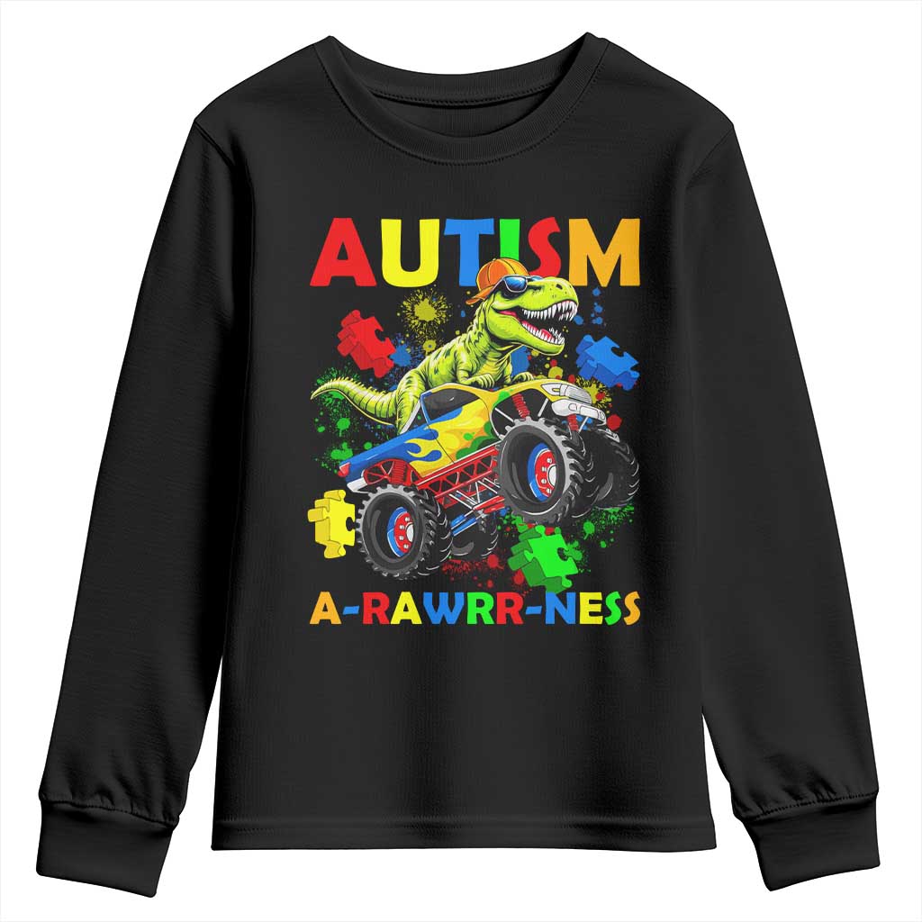 Funny Autism Awareness Dinosaur Youth Sweatshirt Autism Arawrrness Monster Truck Puzzle Pieces TS11 Black Print Your Wear