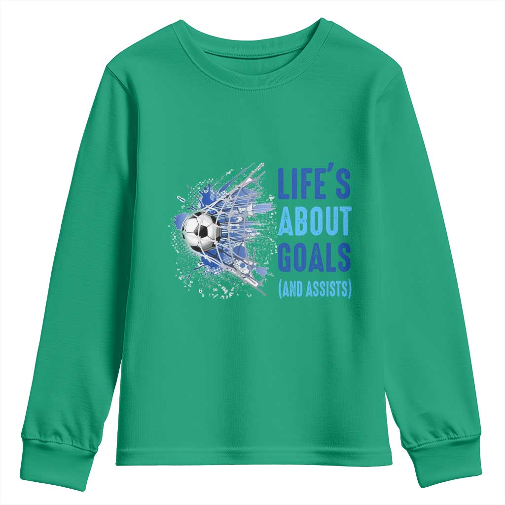 Soccer Lover Youth Sweatshirt Life's About Goals And Assists Coach TS11 Irish Green Print Your Wear