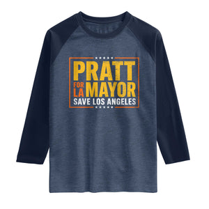 Pratt For Mayor Save Los Angeles Raglan Shirt Spencer Supporter TS11 Heather Denim Navy Print Your Wear
