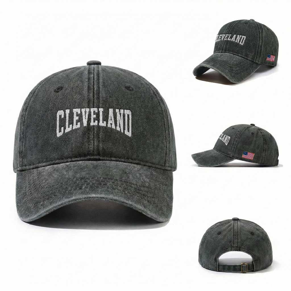 Cleveland Ohio OH City Throwback Design Vintage Washed Cotton Baseball Cap TS11 Washed Cap Universal Fit Dark Green Print Your Wear