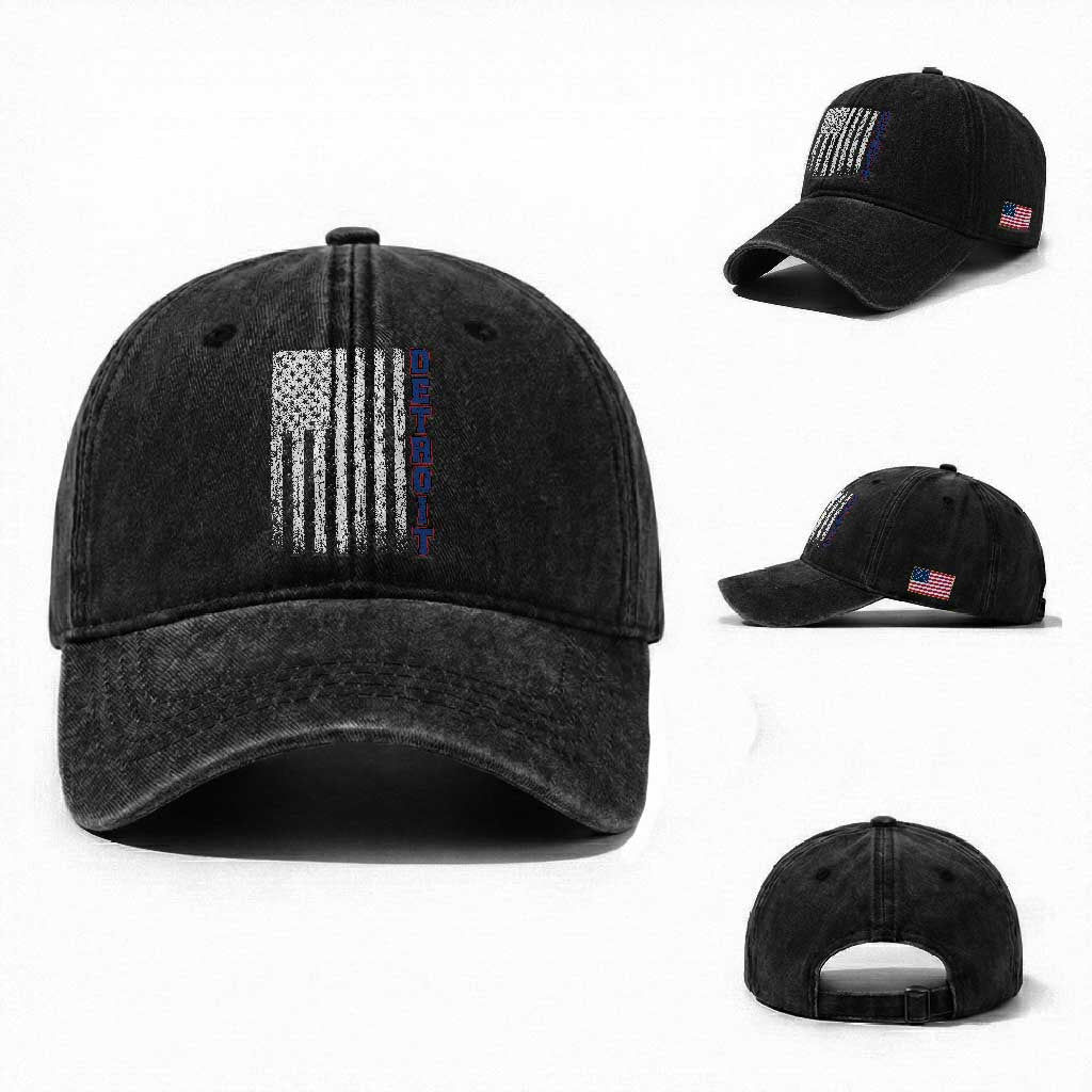 Detroit Michigan State Pride Vintage American Flag Washed Cotton Baseball Cap TS11 Washed Cap Universal Fit Black Print Your Wear