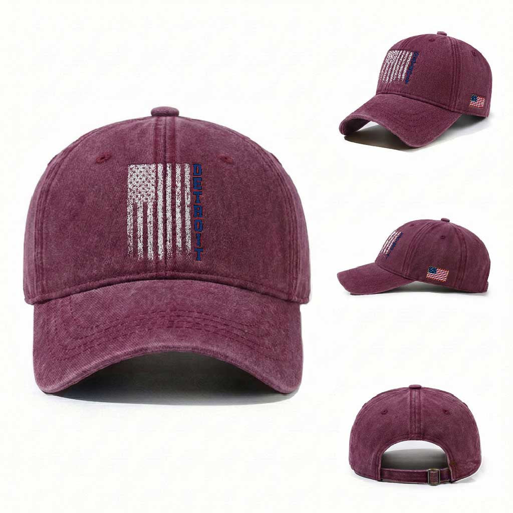 Detroit Michigan State Pride Vintage American Flag Washed Cotton Baseball Cap TS11 Washed Cap Universal Fit Burgundy Print Your Wear