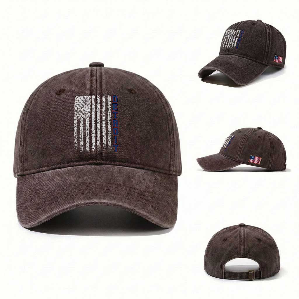 Detroit Michigan State Pride Vintage American Flag Washed Cotton Baseball Cap TS11 Washed Cap Universal Fit Dark Brown Print Your Wear