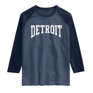 Detroit Michigan City Throwback Design Vintage Raglan Shirt TS11 Heather Denim Navy Print Your Wear