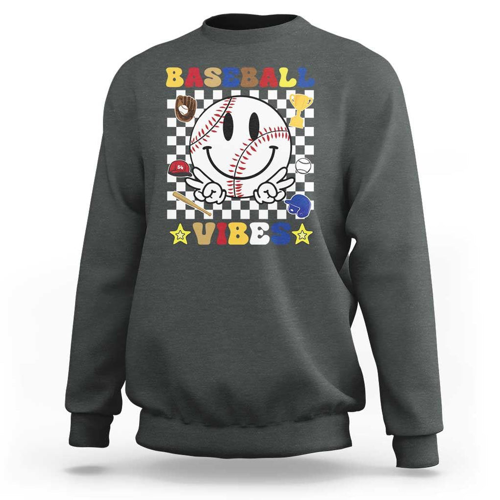 Funny Baseball Vibes Sweatshirt Retro Groove Green Ball TS11 Dark Heather Print Your Wear