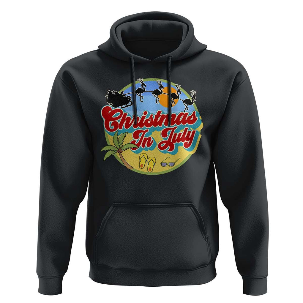 Funny Christmas In July Hoodie Flamingo With Santa Claus Palm Tree TS11 Black Print Your Wear