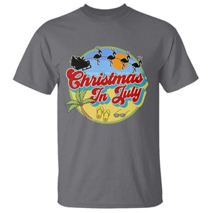 Funny Christmas In July T Shirt Flamingo With Santa Claus Palm Tree TS11 Charcoal Print Your Wear