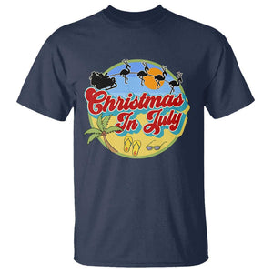 Funny Christmas In July T Shirt Flamingo With Santa Claus Palm Tree TS11 Navy Print Your Wear