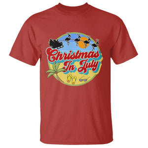 Funny Christmas In July T Shirt Flamingo With Santa Claus Palm Tree TS11 Red Print Your Wear