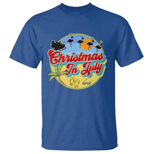 Funny Christmas In July T Shirt Flamingo With Santa Claus Palm Tree TS11 Royal Blue Print Your Wear