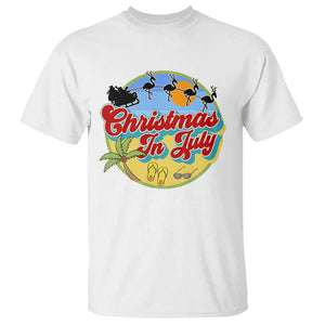 Funny Christmas In July T Shirt Flamingo With Santa Claus Palm Tree TS11 White Print Your Wear