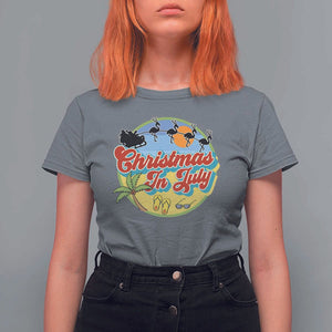 Funny Christmas In July T Shirt For Women Flamingo With Santa Claus Palm Tree TS11 Charcoal Print Your Wear