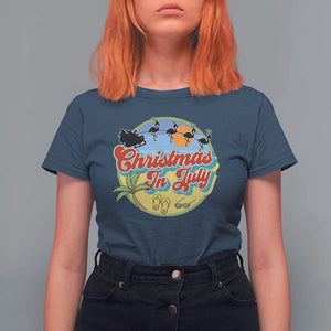 Funny Christmas In July T Shirt For Women Flamingo With Santa Claus Palm Tree TS11 Navy Print Your Wear