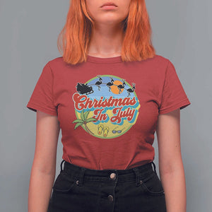 Funny Christmas In July T Shirt For Women Flamingo With Santa Claus Palm Tree TS11 Red Print Your Wear