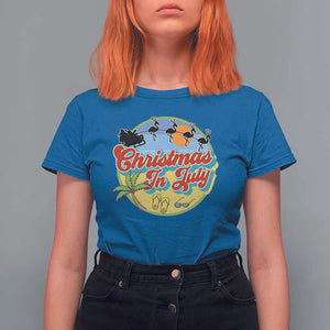 Funny Christmas In July T Shirt For Women Flamingo With Santa Claus Palm Tree TS11 Royal Blue Print Your Wear