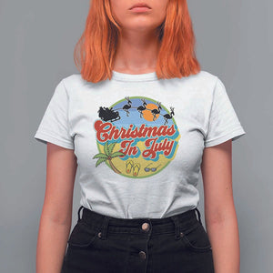 Funny Christmas In July T Shirt For Women Flamingo With Santa Claus Palm Tree TS11 White Print Your Wear