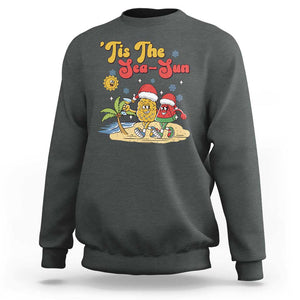 Funny Christmas In July Sweatshirt Tis The Sea Sun Retro Tropical Pineapple Watermelon TS11 Dark Heather Print Your Wear