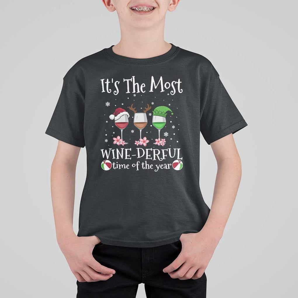 Funny Christmas In July T Shirt For Kid It's The Most Winederful Time Of The Year Wine Glasses Flower TS11 Black Print Your Wear