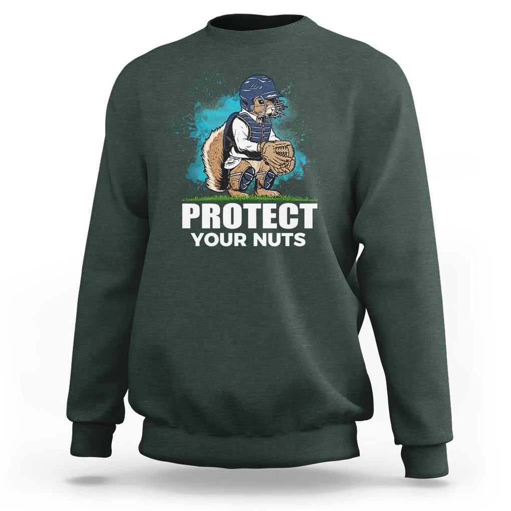Funny Baseball Squirrel Sweatshirt Protect Your Nuts Catcher TS11 Dark Forest Green Print Your Wear