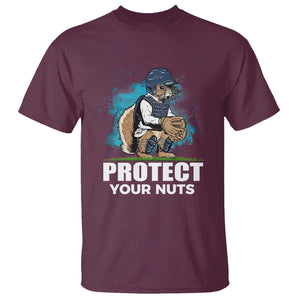 Funny Baseball Squirrel T Shirt Protect Your Nuts Catcher TS11 Maroon Print Your Wear