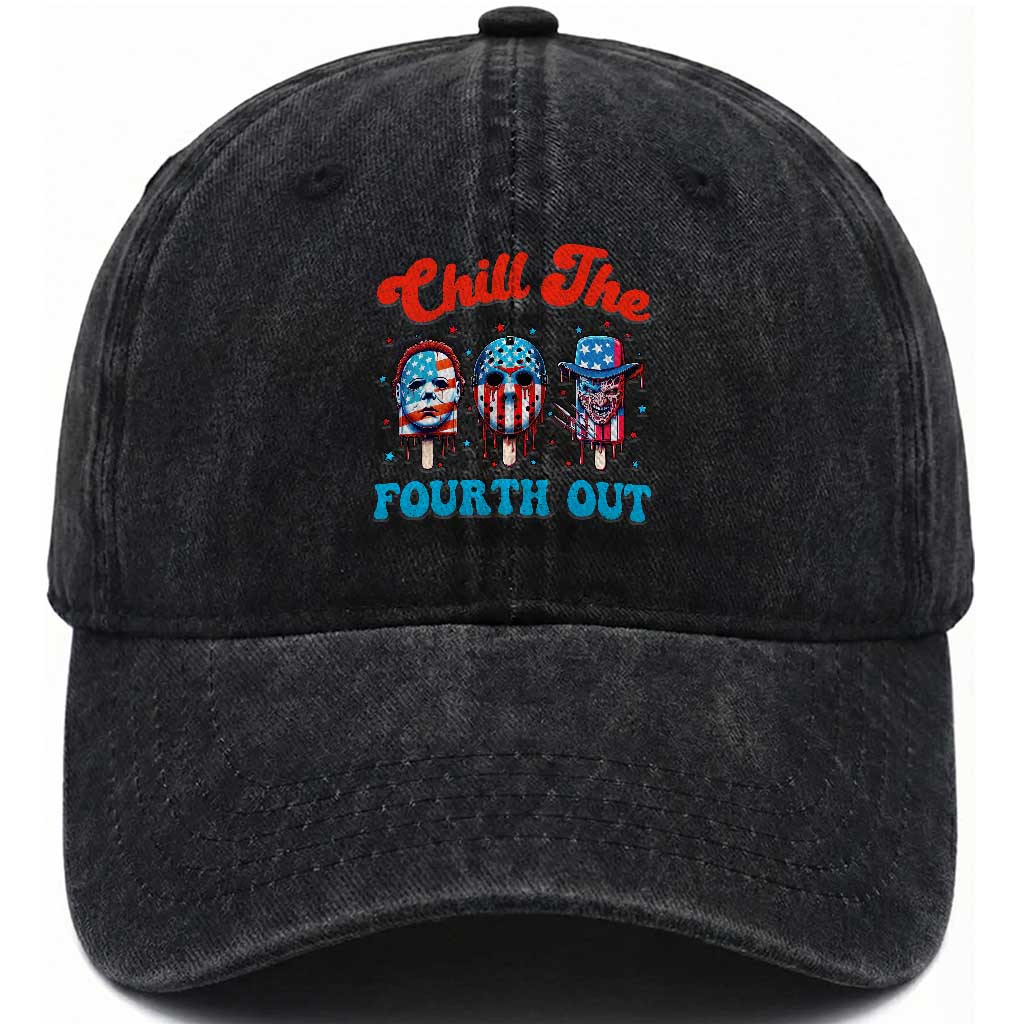 Funny Chill The Fourth Out Washed Cotton Baseball Cap 4th of July Horror Movie Popsicle Mask USA Flag TS11 Washed Cap Universal Fit Black Print Your Wear