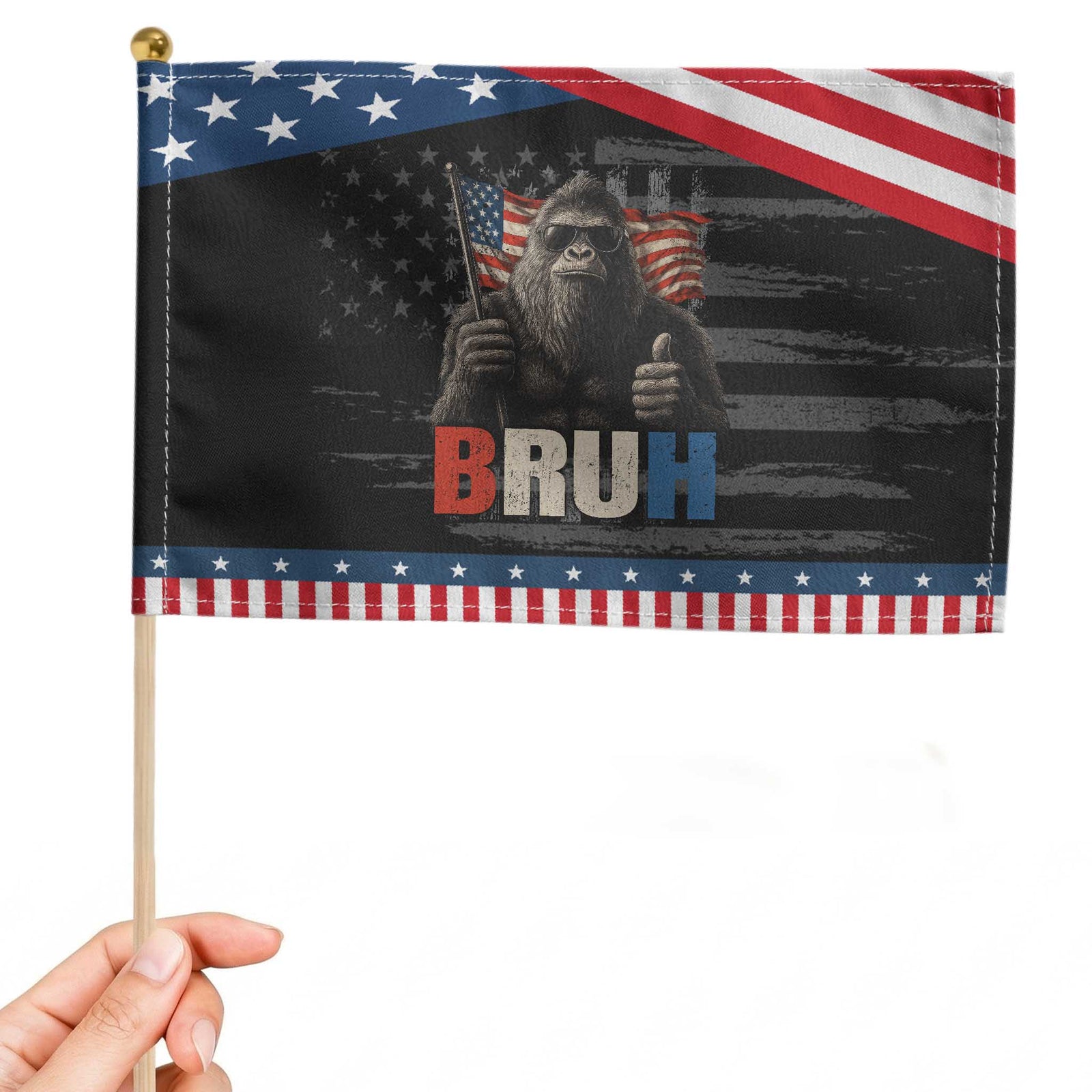 Funny 4th Of July Bigfoot Bruh Patriotic Handheld Flag Sasquatch American US Flag TS11 Distressed 8.2