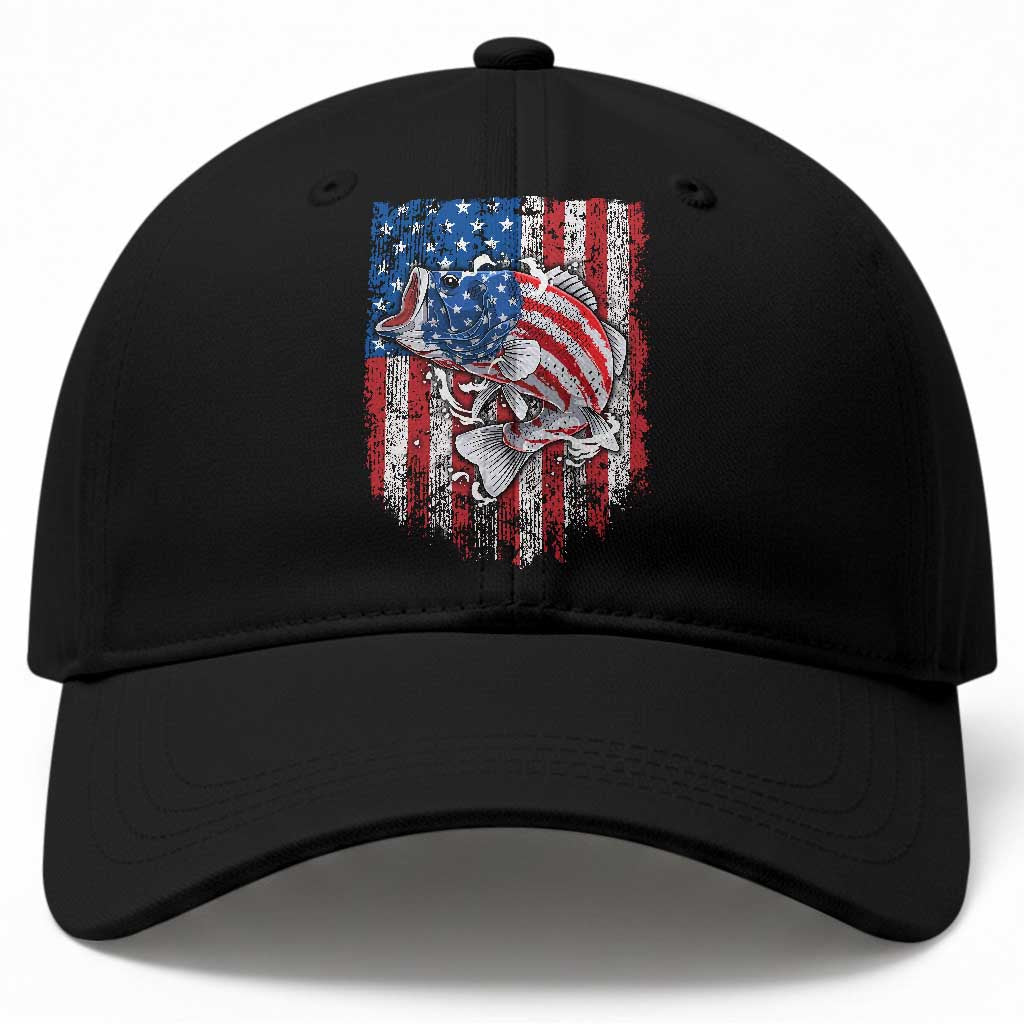 Funny Bass Fish Fishing Vintage American Flag Patriotic Baseball Cap TS11 Print Your Wear