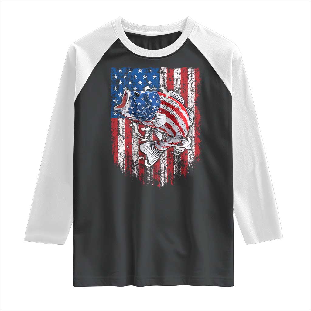 Funny Bass Fish Fishing Vintage American Flag Patriotic Raglan Shirt TS11 Black White Print Your Wear