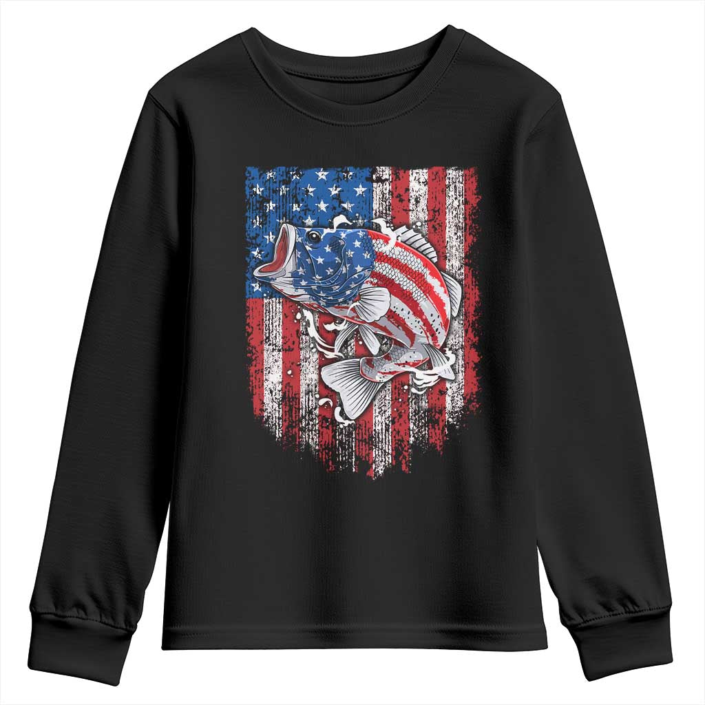Funny Bass Fish Fishing Vintage American Flag Patriotic Youth Sweatshirt TS11 Black Print Your Wear