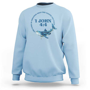 Whale Shark Lover Sweatshirt 1 John 4:4 Inspired Style Christian Aesthetic Ocean Animal TS11 Light Blue Print Your Wear