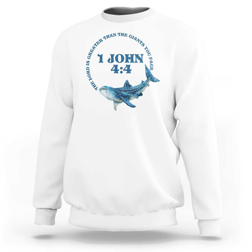 Whale Shark Lover Sweatshirt 1 John 4:4 Inspired Style Christian Aesthetic Ocean Animal TS11 White Print Your Wear