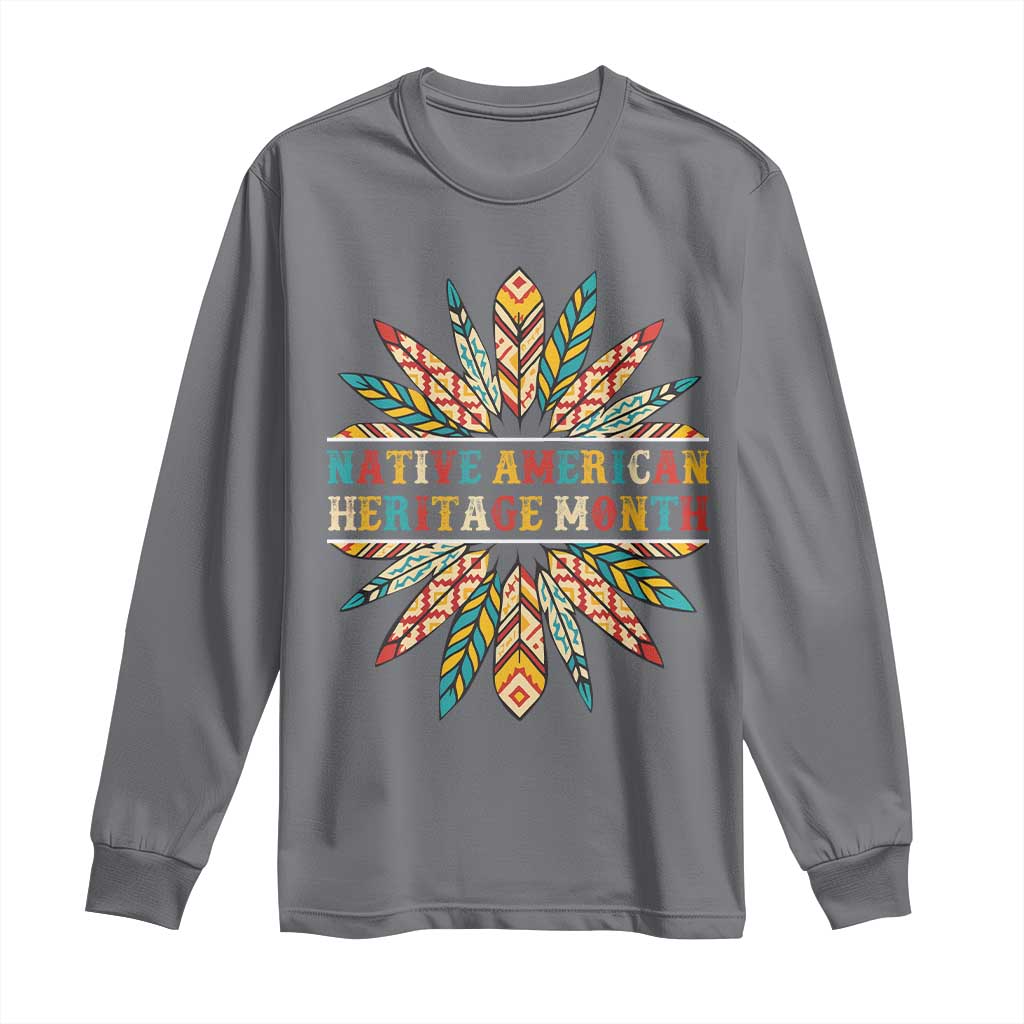 Native American Heritage Month Long Sleeve Shirt Indigenous Pride Feathers TS11 Charcoal Print Your Wear