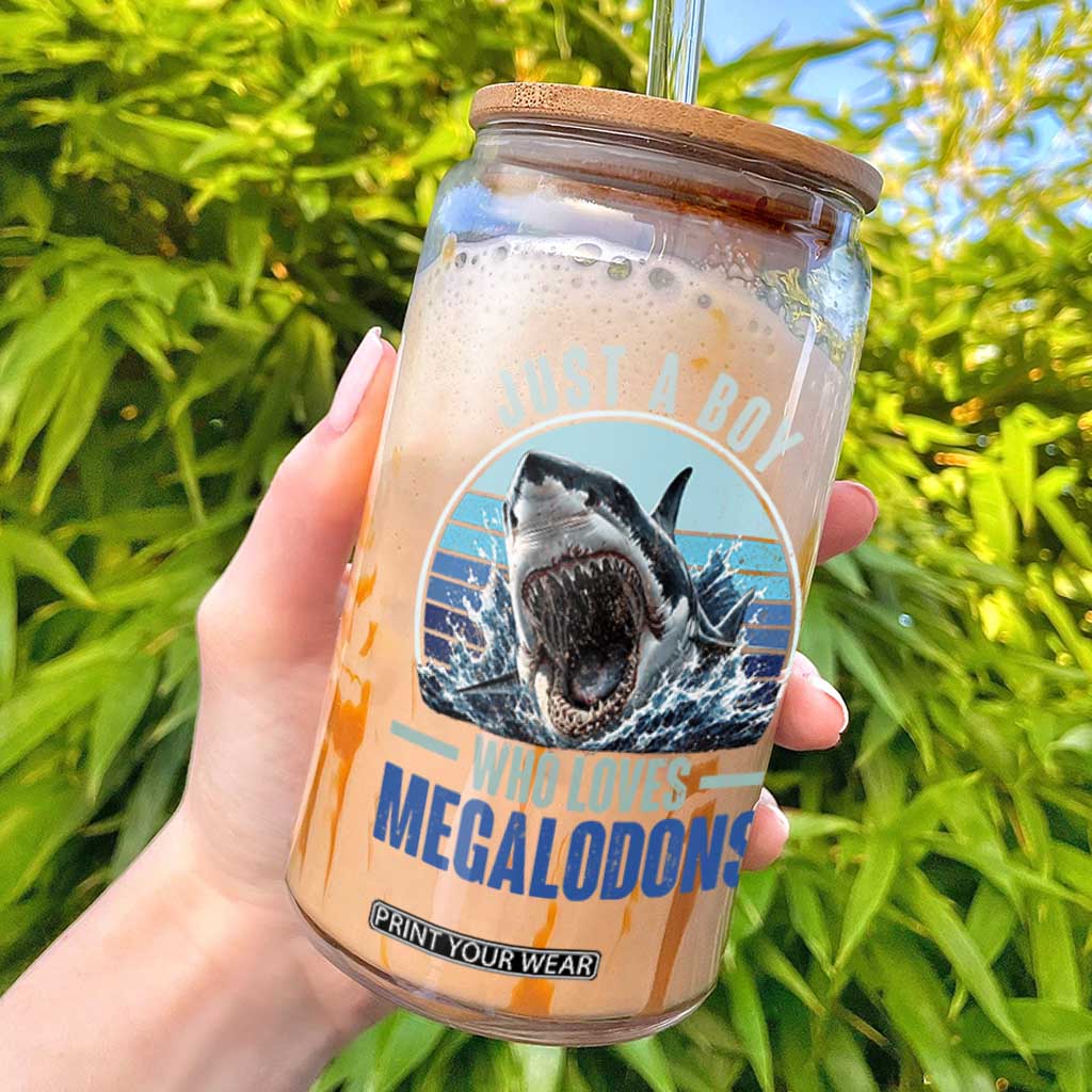 Just A Boy Who Loves Megalodons Glass Can Megalodon Shark Lover Retro Graphic TS11 Black Print Your Wear
