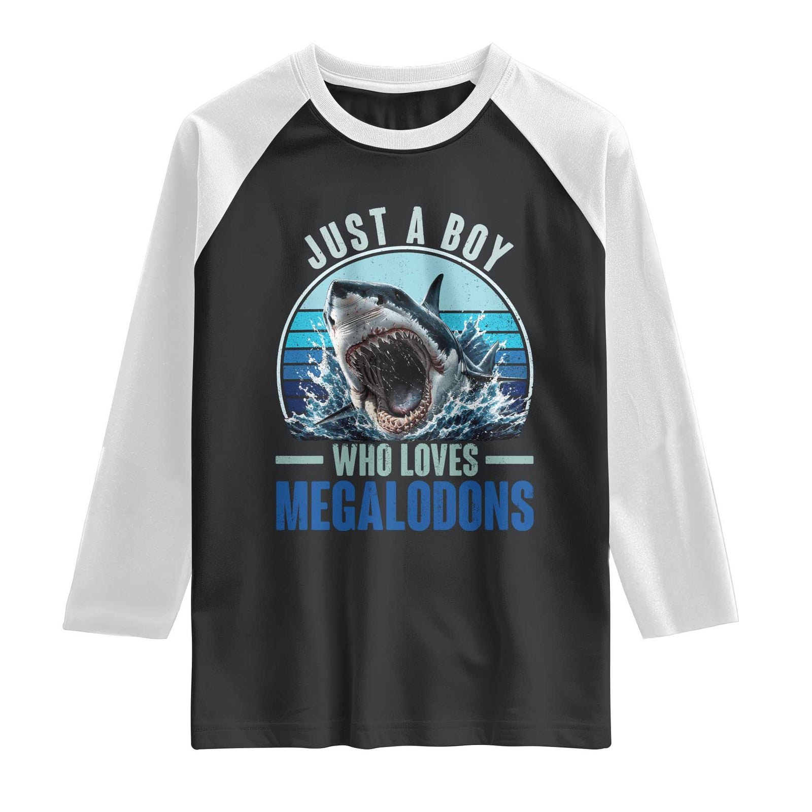 Just A Boy Who Loves Megalodons Raglan Shirt Megalodon Shark Lover Retro Graphic TS11 Black White Print Your Wear