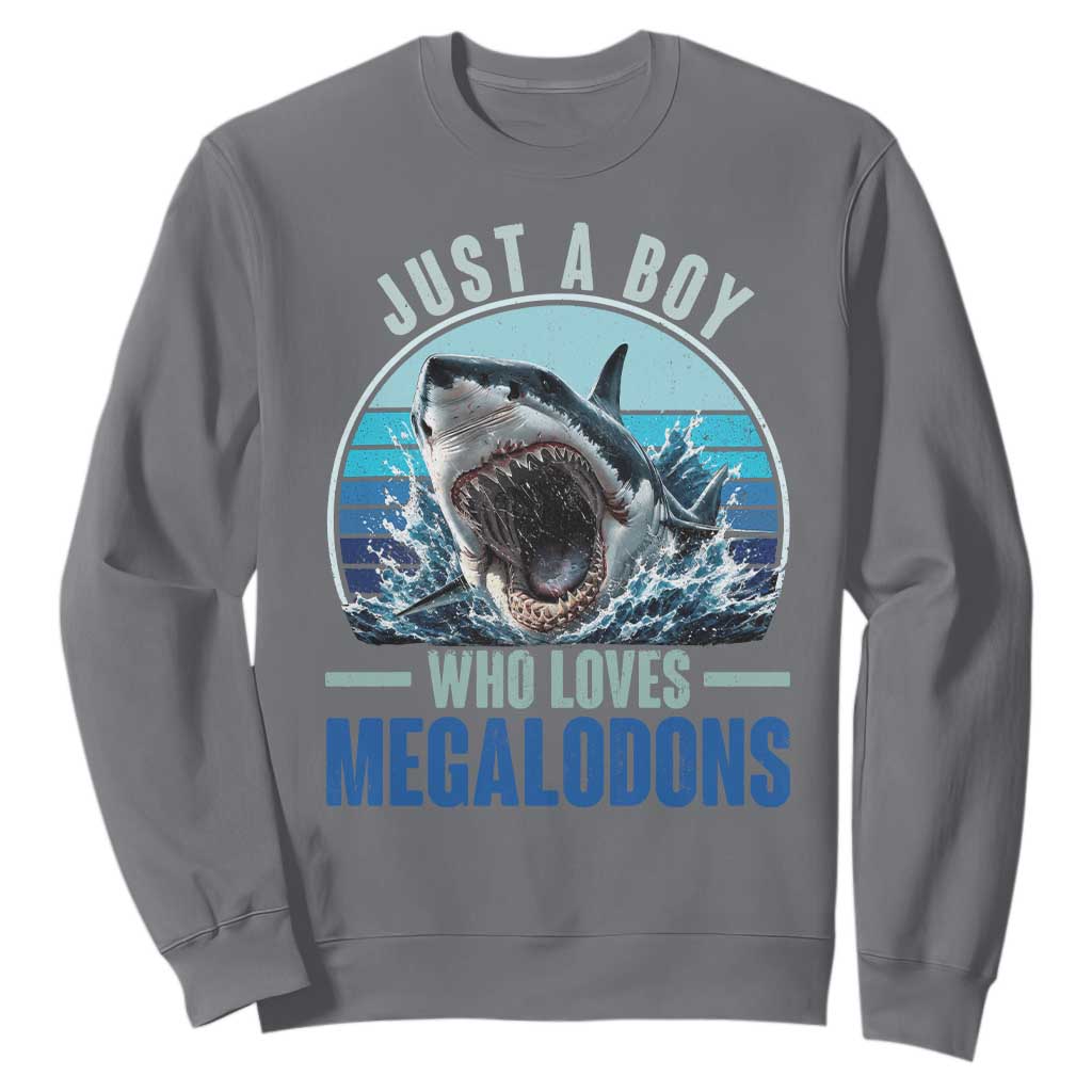 Just A Boy Who Loves Megalodons Sweatshirt Megalodon Shark Lover Retro Graphic TS11 Charcoal Print Your Wear