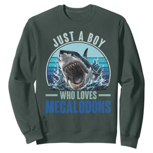 Just A Boy Who Loves Megalodons Sweatshirt Megalodon Shark Lover Retro Graphic TS11 Dark Forest Green Print Your Wear