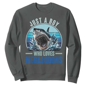 Just A Boy Who Loves Megalodons Sweatshirt Megalodon Shark Lover Retro Graphic TS11 Dark Heather Print Your Wear