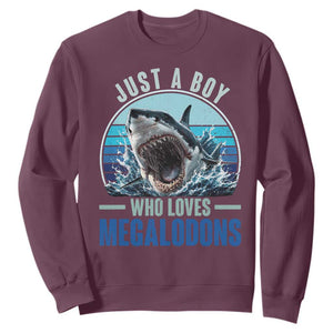 Just A Boy Who Loves Megalodons Sweatshirt Megalodon Shark Lover Retro Graphic TS11 Maroon Print Your Wear
