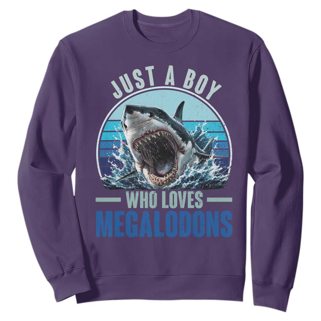 Just A Boy Who Loves Megalodons Sweatshirt Megalodon Shark Lover Retro Graphic TS11 Purple Print Your Wear